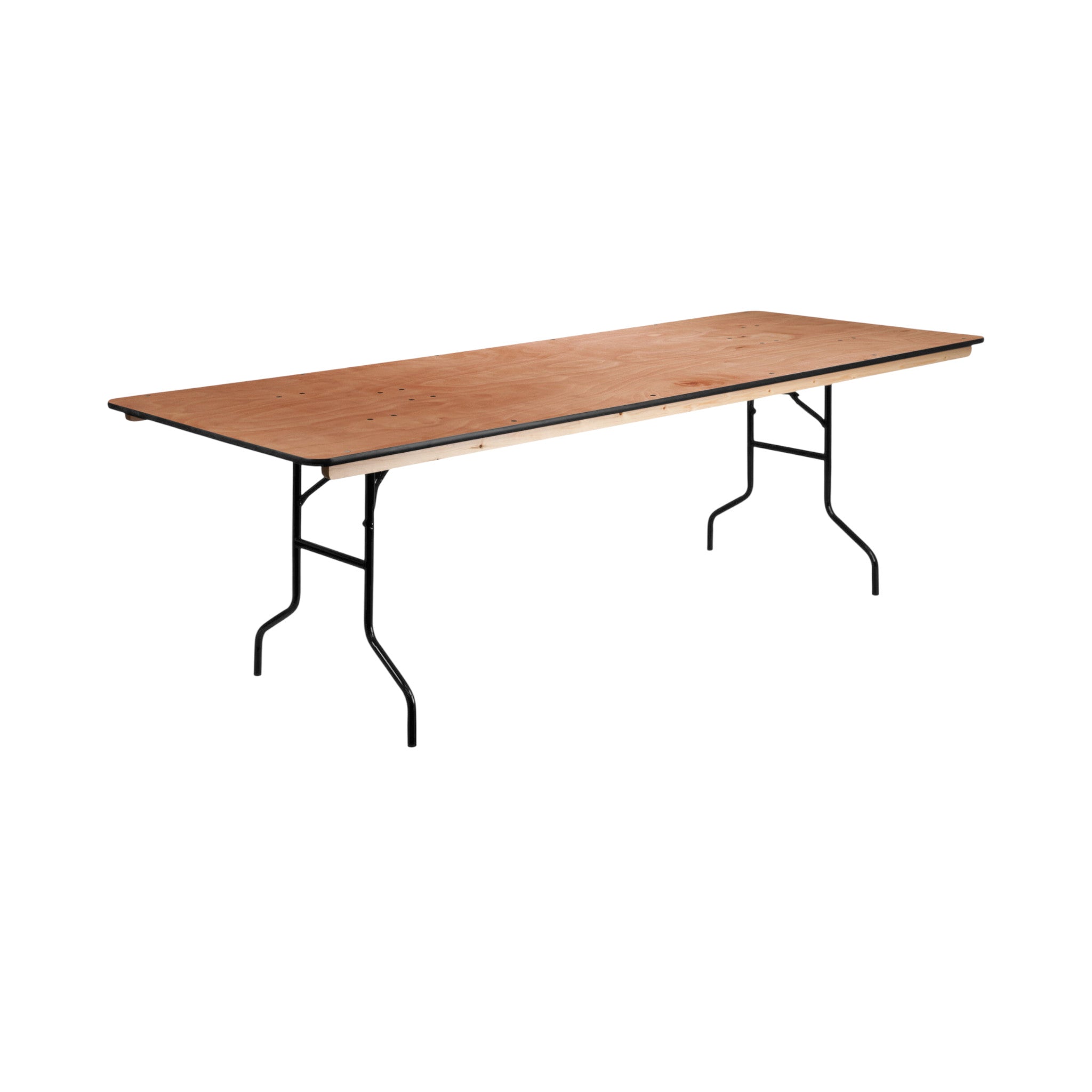 Tavolo rettangolare pieghevole con piano in legno e gambe in metallo nero, pratico e versatile, 183x76 cm, a noleggio