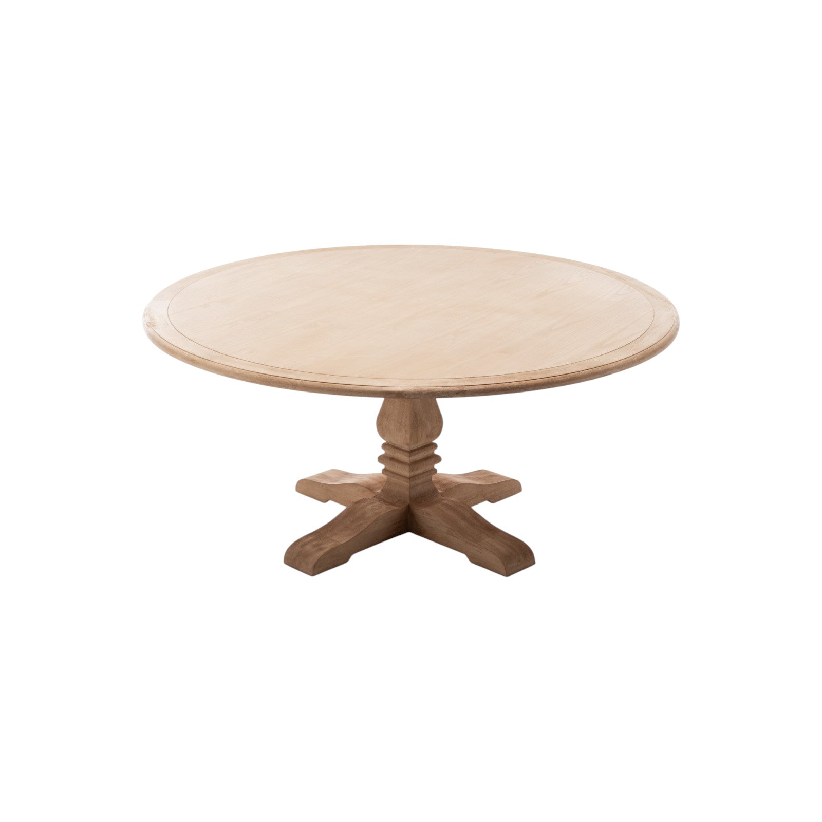 Tavolo rotondo elegante in legno chiaro naturale con piede centrale e gambe a croce, diametro 170 cm, a noleggio