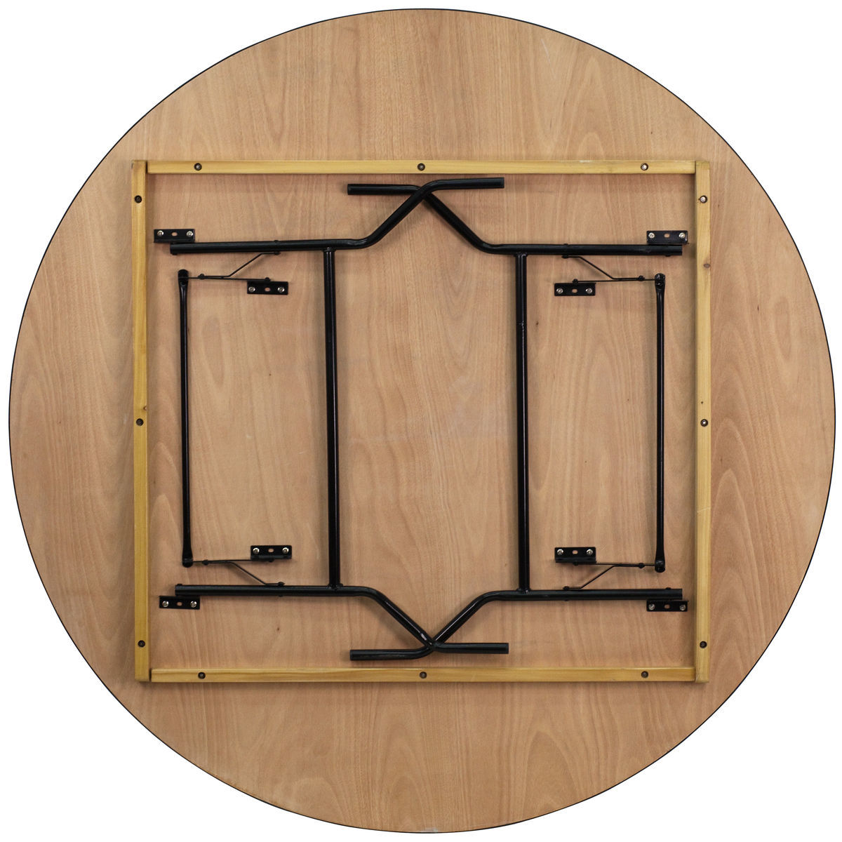 Tavolo rotondo pieghevole con piano in legno e gambe in metallo nero, pratico e versatile, diametro 180 cm, a noleggio