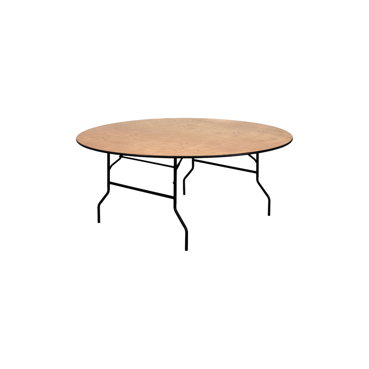 Tavolo rotondo pieghevole con piano in legno e gambe in metallo nero, pratico e versatile, diametro 120 cm, a noleggio