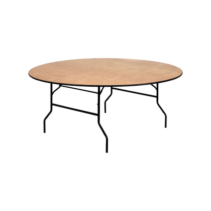 Tavolo rotondo pieghevole con piano in legno e gambe in metallo nero, pratico e versatile, diametro 180 cm, a noleggio