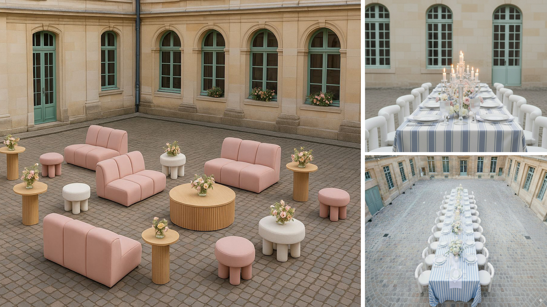 Set lounge modulare rosa con pouf e divani, tavolini rotondi oro e bianchi con centrotavola floreali per evento elegante in location storica a Roma